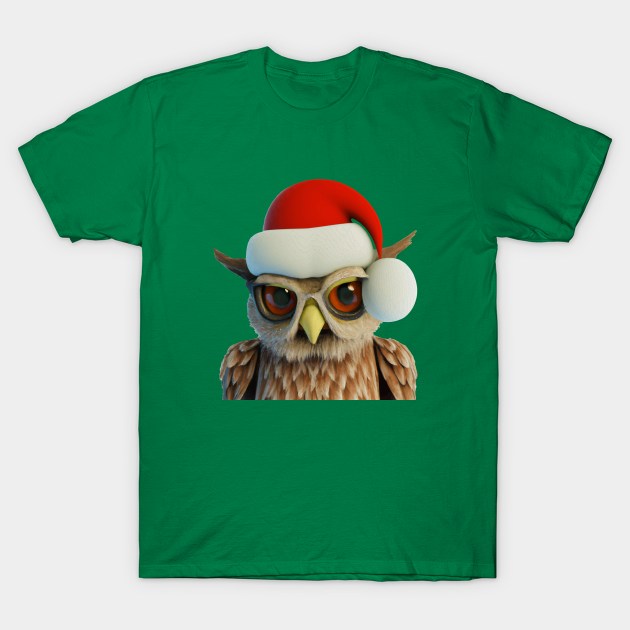 Funny Christmas Owl Wearing Santa Hat T-Shirt by taiche